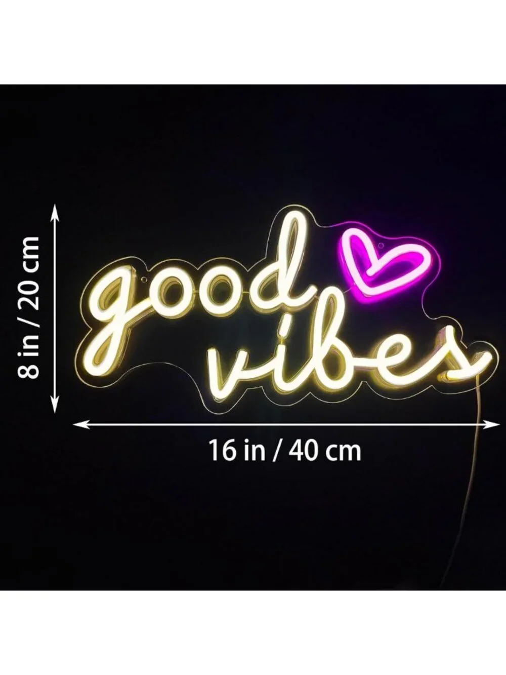 Good Vibes Neon Wall Sign - 16x8in USB LED Light for Bedroom, Party, Home Decor